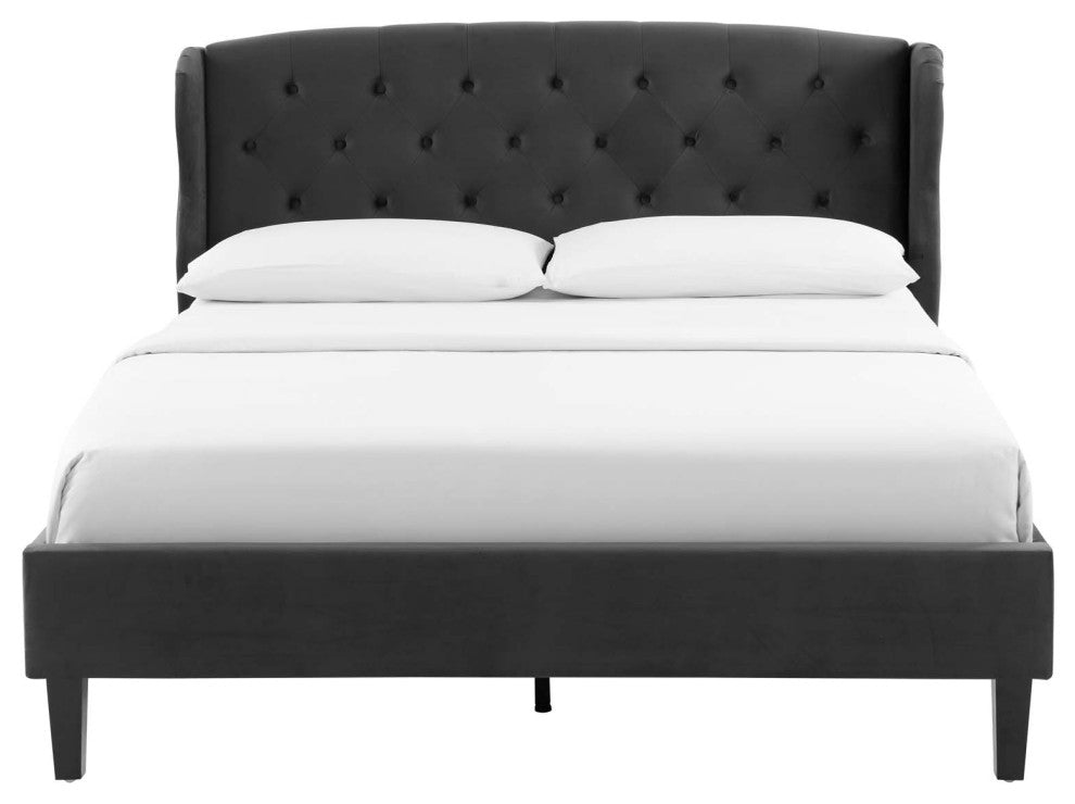 Platform Bed Frame, Queen Size, Velvet, Dark Gray, Modern Contemporary