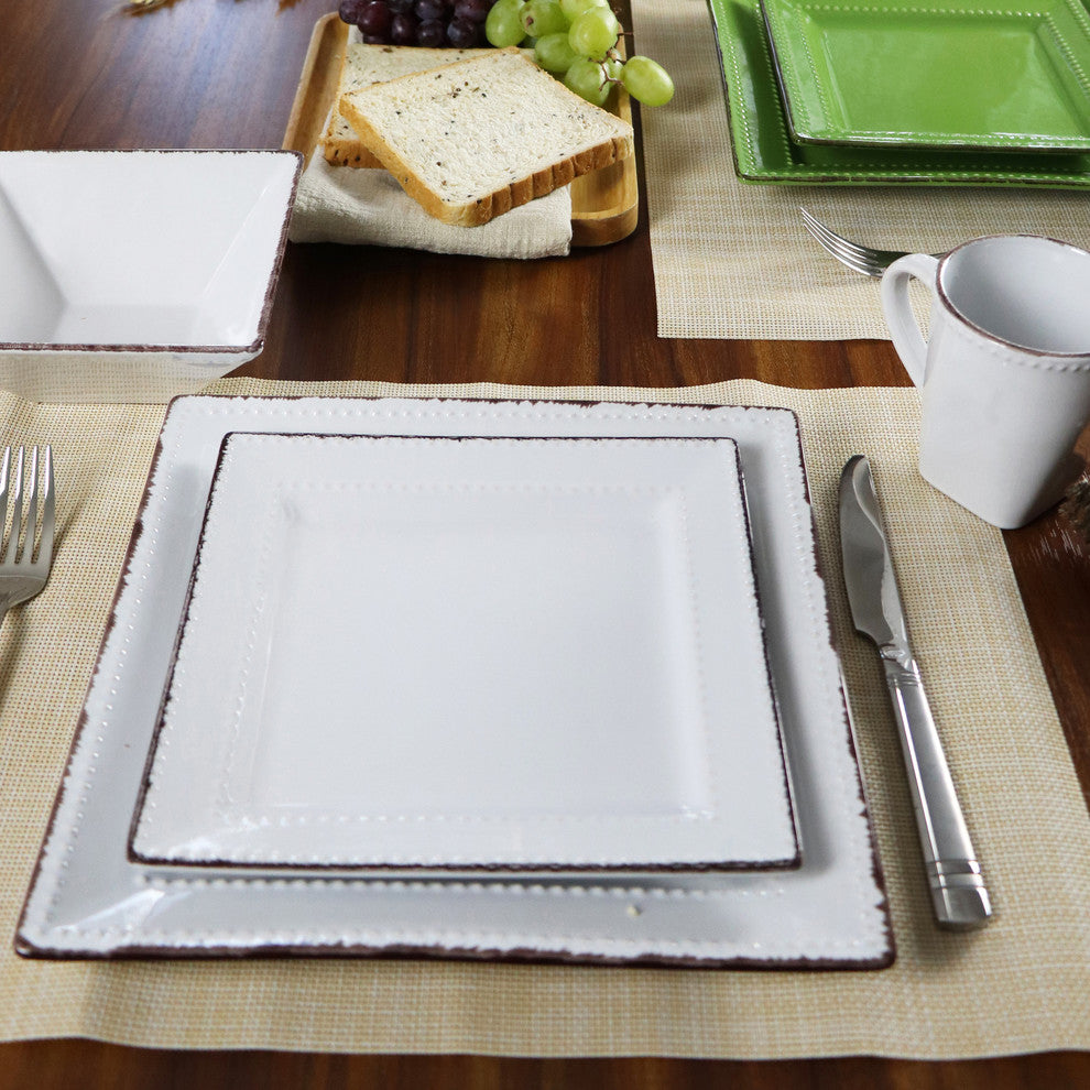 16 Piece Square Beaded Stoneware Dinnerware set by Lorren Home Trends, White