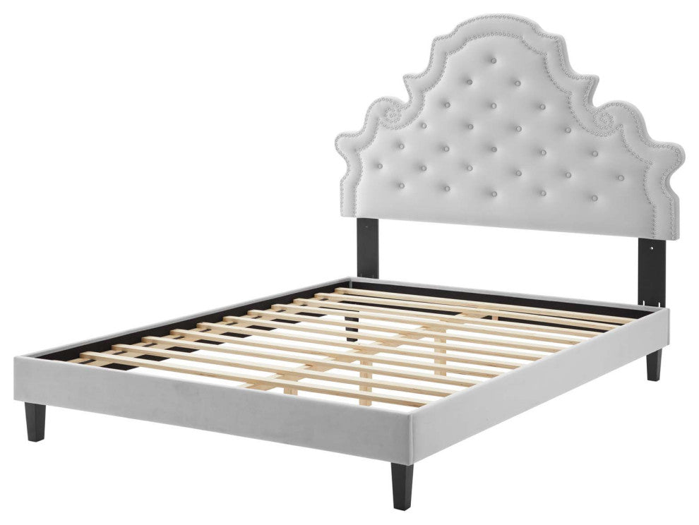Tufted Platform Bed Frame, Queen Size, Velvet, Gray, Modern Contemporary