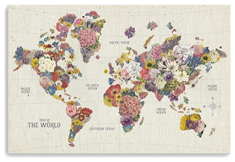 24" x 16" Fun Floral Map of the World Canvas Wall Art