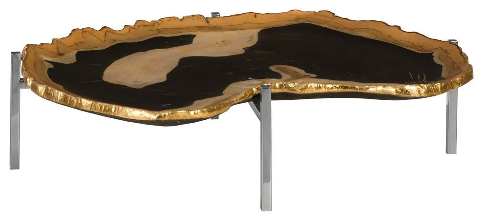 Cast Petrified Wood Tray, Gold Leaf Edge, Resin, Stainless Steel Base