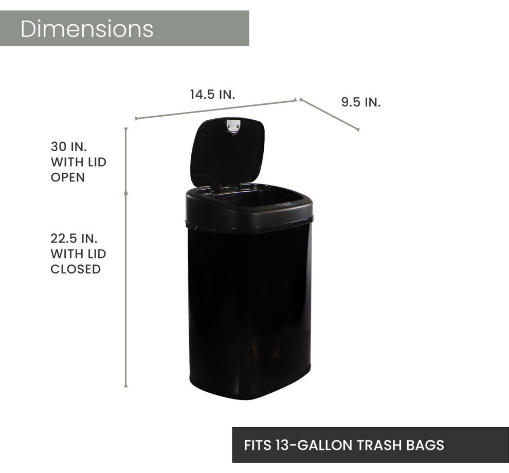 50-Liter / 13.2-Gallon Trash Can With Sensor Lid, Black