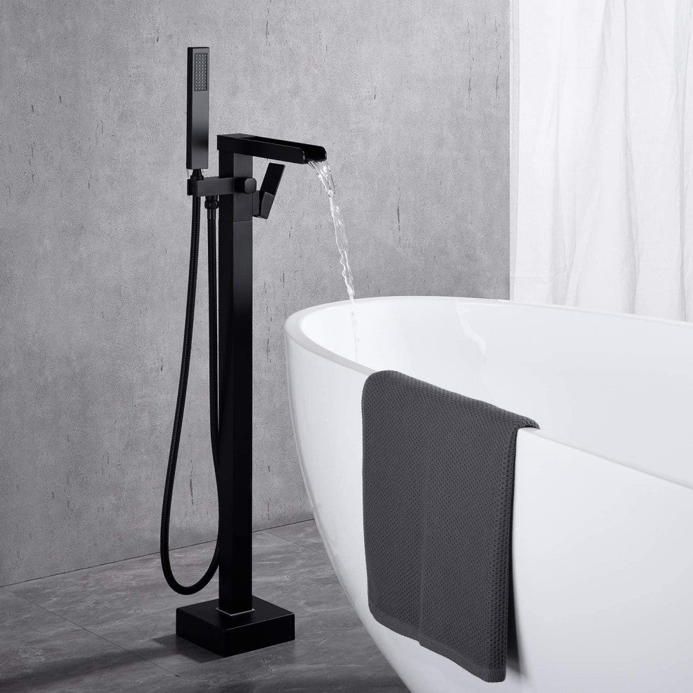 Single Handle Floor Mounted Freestanding Tub Filler with Hand Shower, Matte Blac