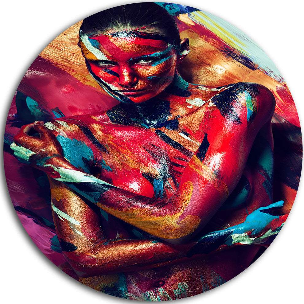 Girl In Paint, Portrait Contemporary Disc Metal Artwork, 23"