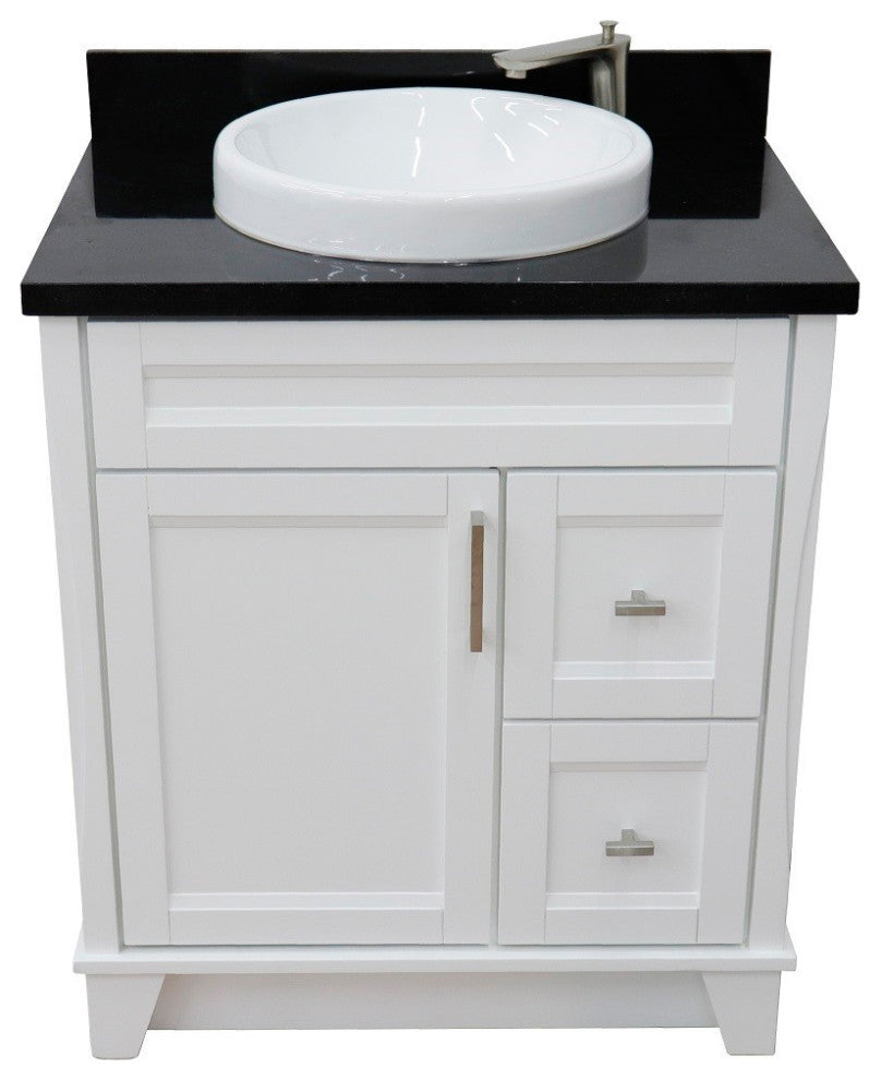 31" Single Sink Vanity, White Finish With Black Galaxy Granite With Round Sink