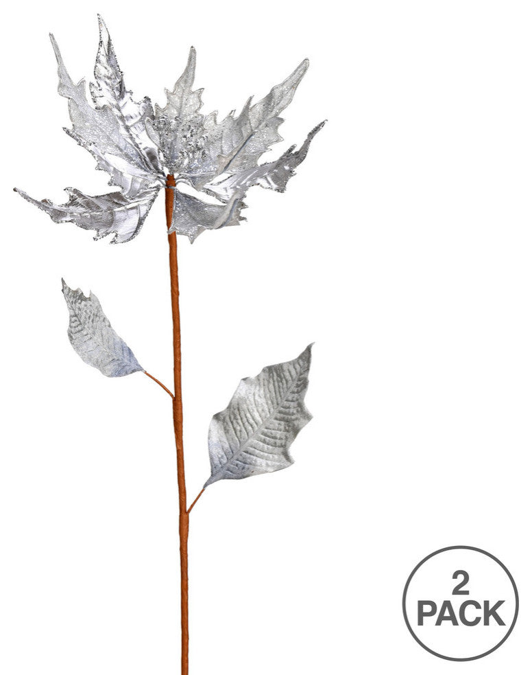 Glitter Poinsetta Artificial Christmas Spray , Silver, 32"