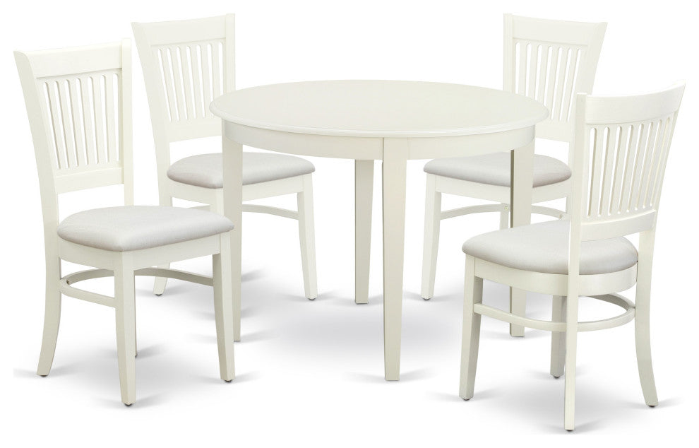 5Pc Wood Dining Set -4 Chairs, Dining Table, Round Top, Linen White Finish