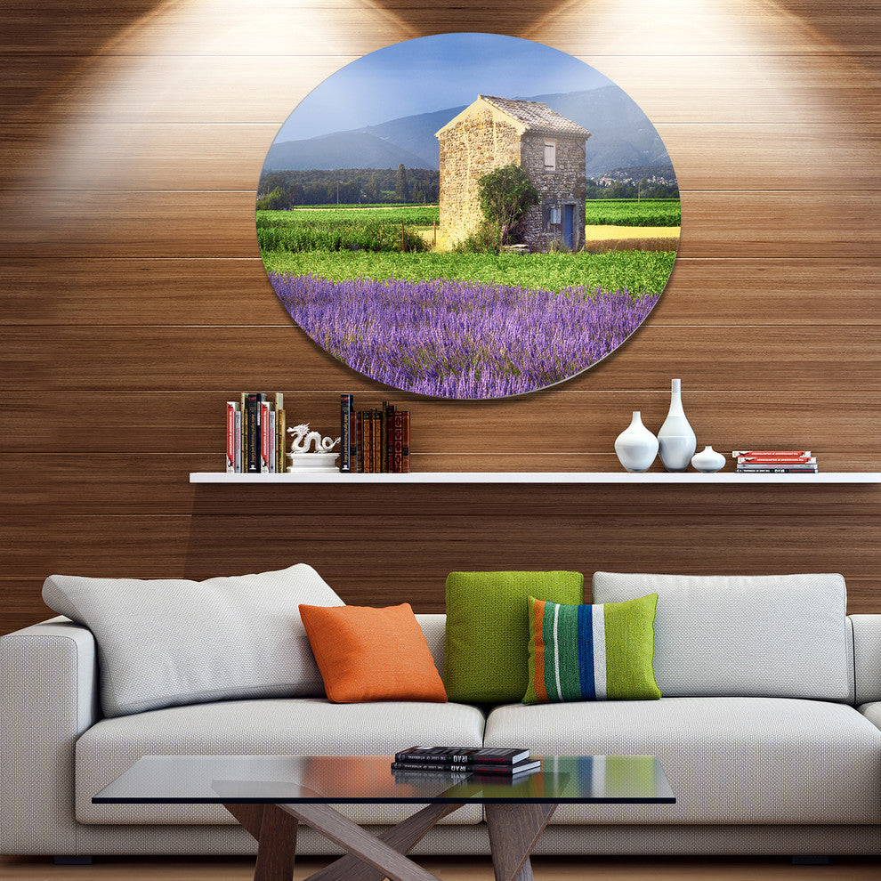 House In The Lavender Field, Landscape Disc Metal Wall Art, 36"