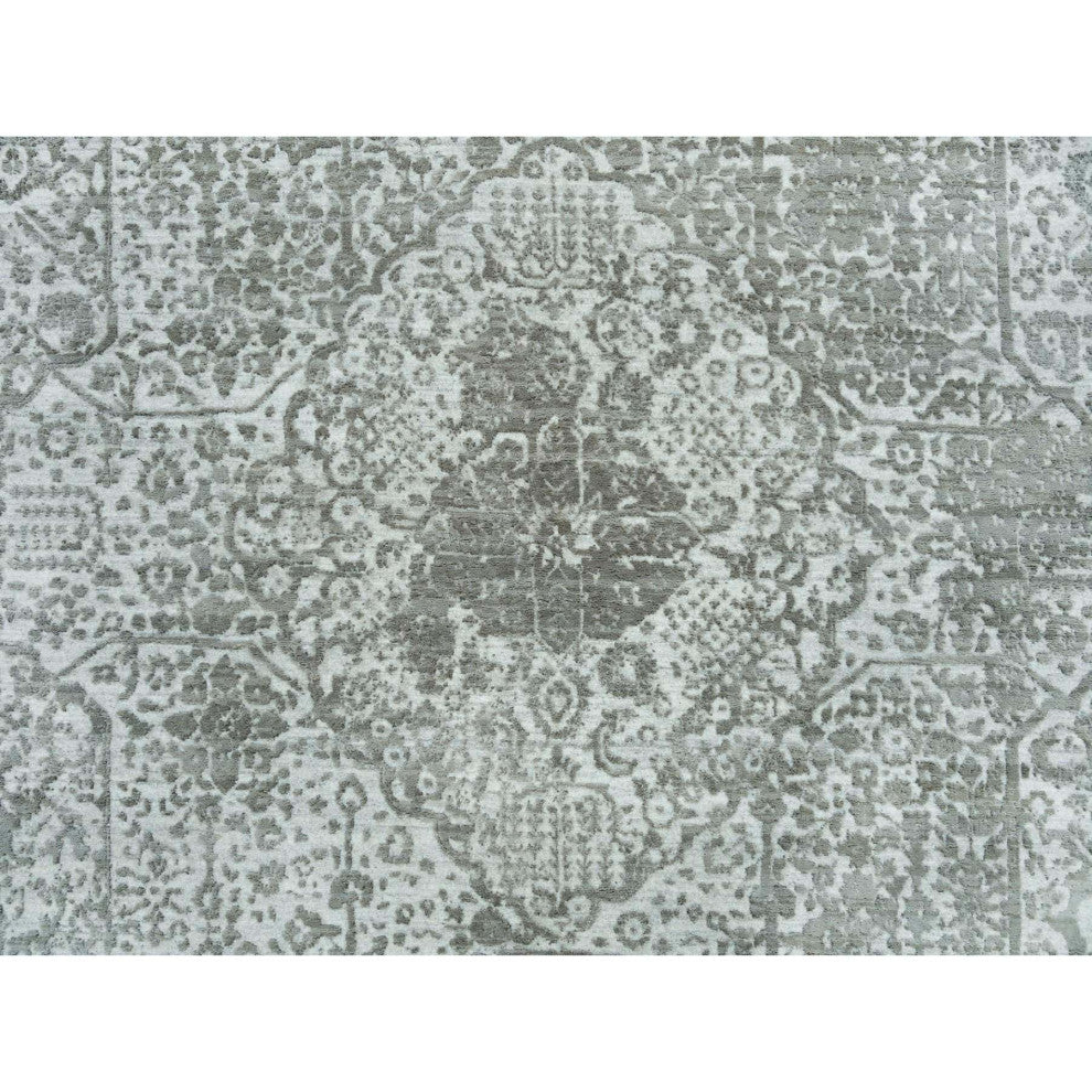 Chrome Gray Zoroastrian Hand Knotted Wool and Silk Oriental Rug, 8'x10'2"