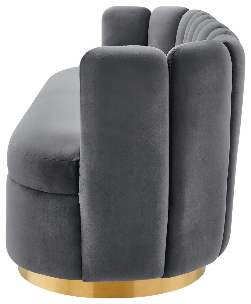 Tufted Sofa, Gray, Velvet, Modern, Mid Century Hotel Lounge Cafe Lobby