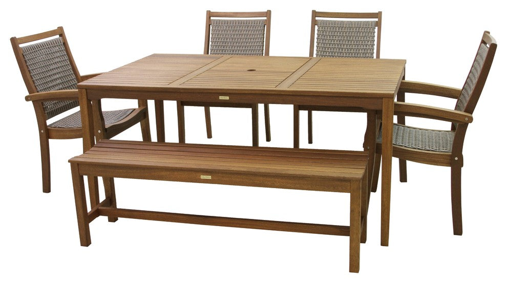 6-Piece Eucalyptus Dining Set With Grey Wicker Stacking Armchairs