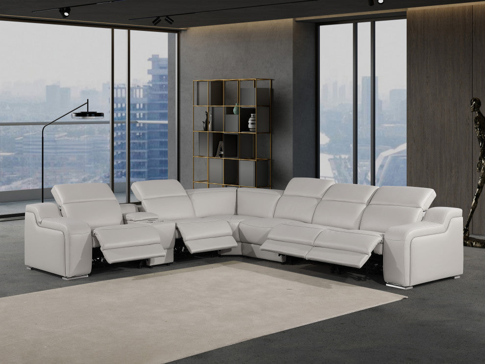 Marco-7-Piece, 4-Power Reclining Italian Leather Sectional, Light Gray