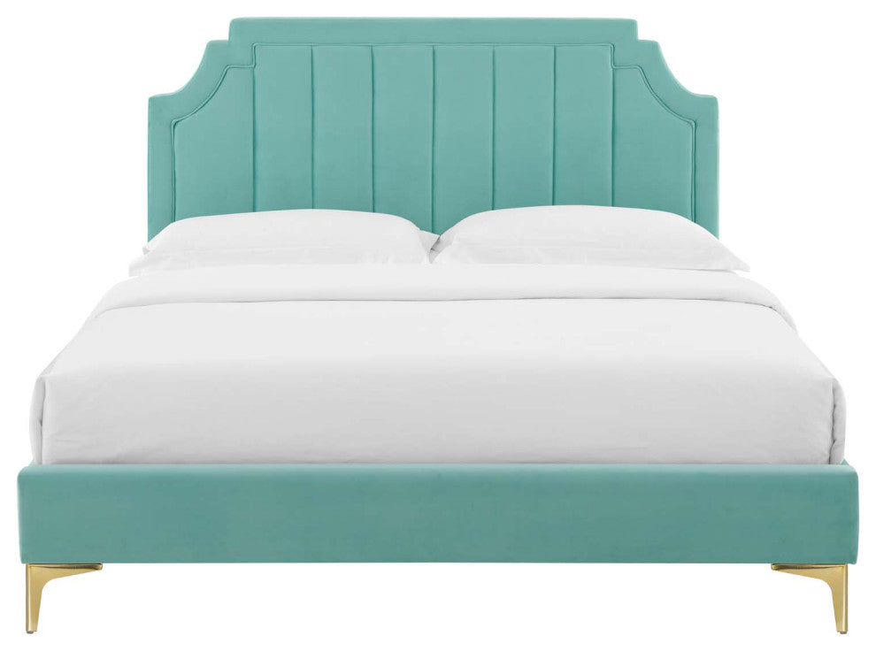 Platform Bed Frame, Queen Size, Velvet, Blue, Modern Contemporary, Bedroom