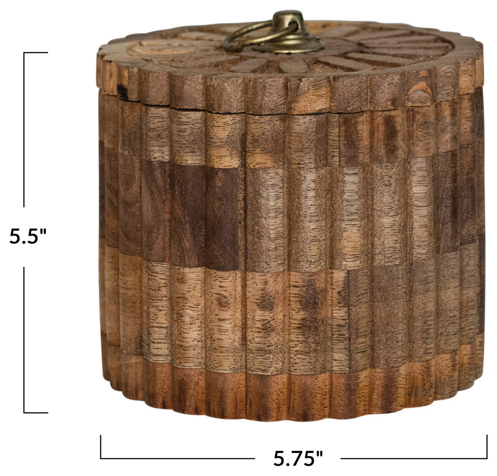 5.75" Round Carved Mango Wood Pleated Box, Lid, Metal Pull, Antique Gold