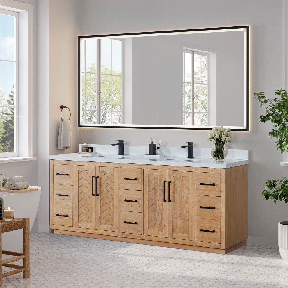 Anais Vanity Grain White Engineered Stone Countertop, Light Brown, 84", With Mirror