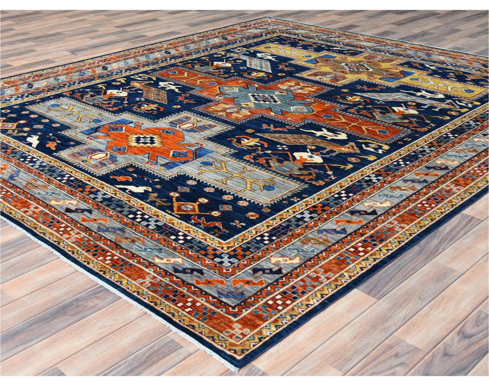 Navy Blue, Wool Hand Knotted, Armenian Inspired Design 200 KPSI Rug, 8'4"x9'7"
