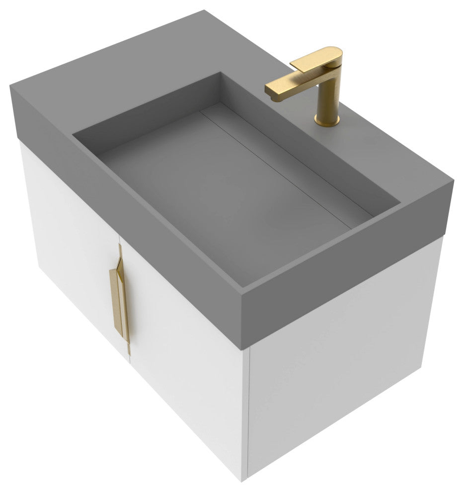 CastelloUSA Amazon 30" Right Wall Mounted Bathroom Vanity Set, White, Gray Top, Gold