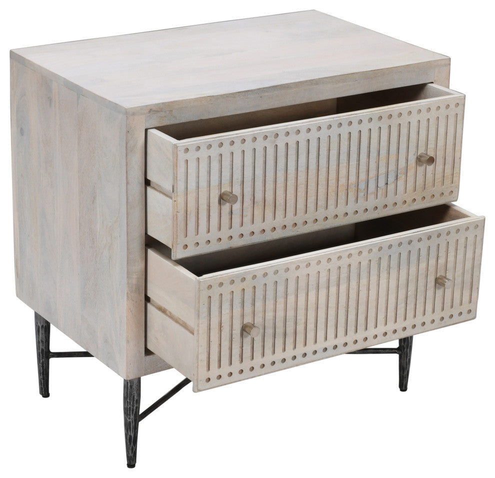 Sarah 2 Drawer Nightstand, Mango Solid Wood Brushed Ivory Finish on Iron Base