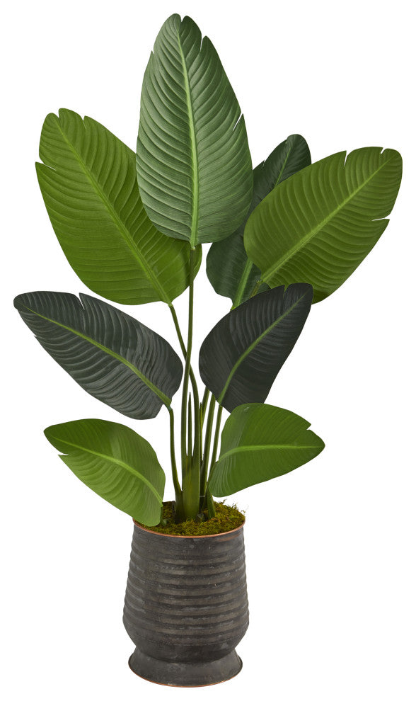 50" Travelers Palm Artificial Tree, Ribbed Metal Planter