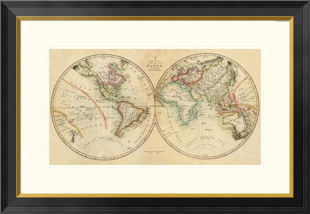 "Map of the World, 1820" Framed Digital Print by John Melish, 32"x22"
