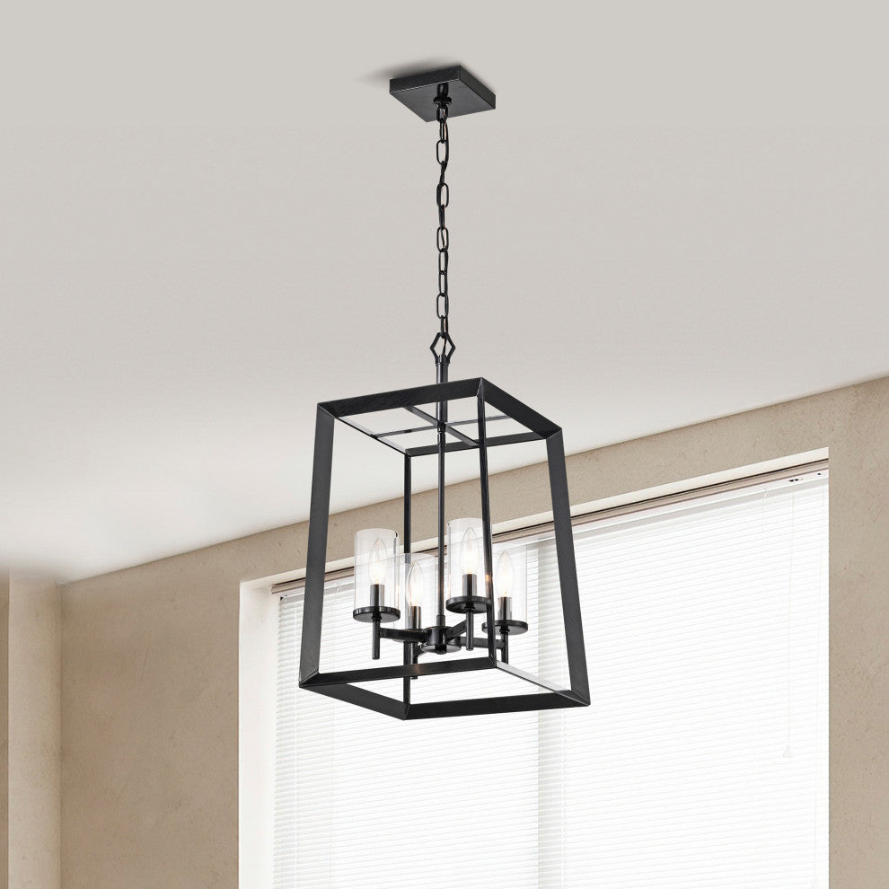 4-Light Antique Black Geometric Cage Lantern Pendant With Clear Glass Shades
