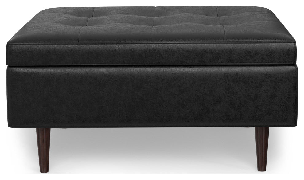 Shay Mid Century Large Square Coffee Table Storage Ottoman, Distressed Black