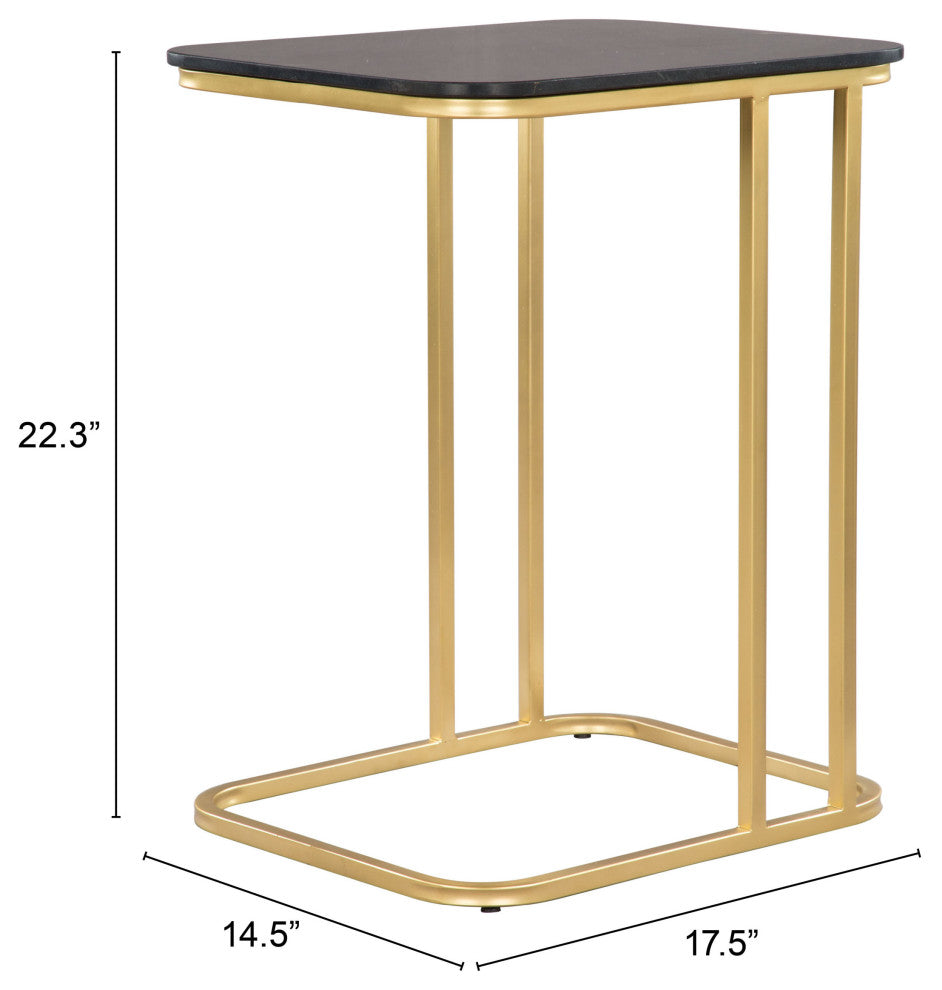 Sofa Side Table, Rectangular, Artificial Marble, Steel Metal, Black, Gold