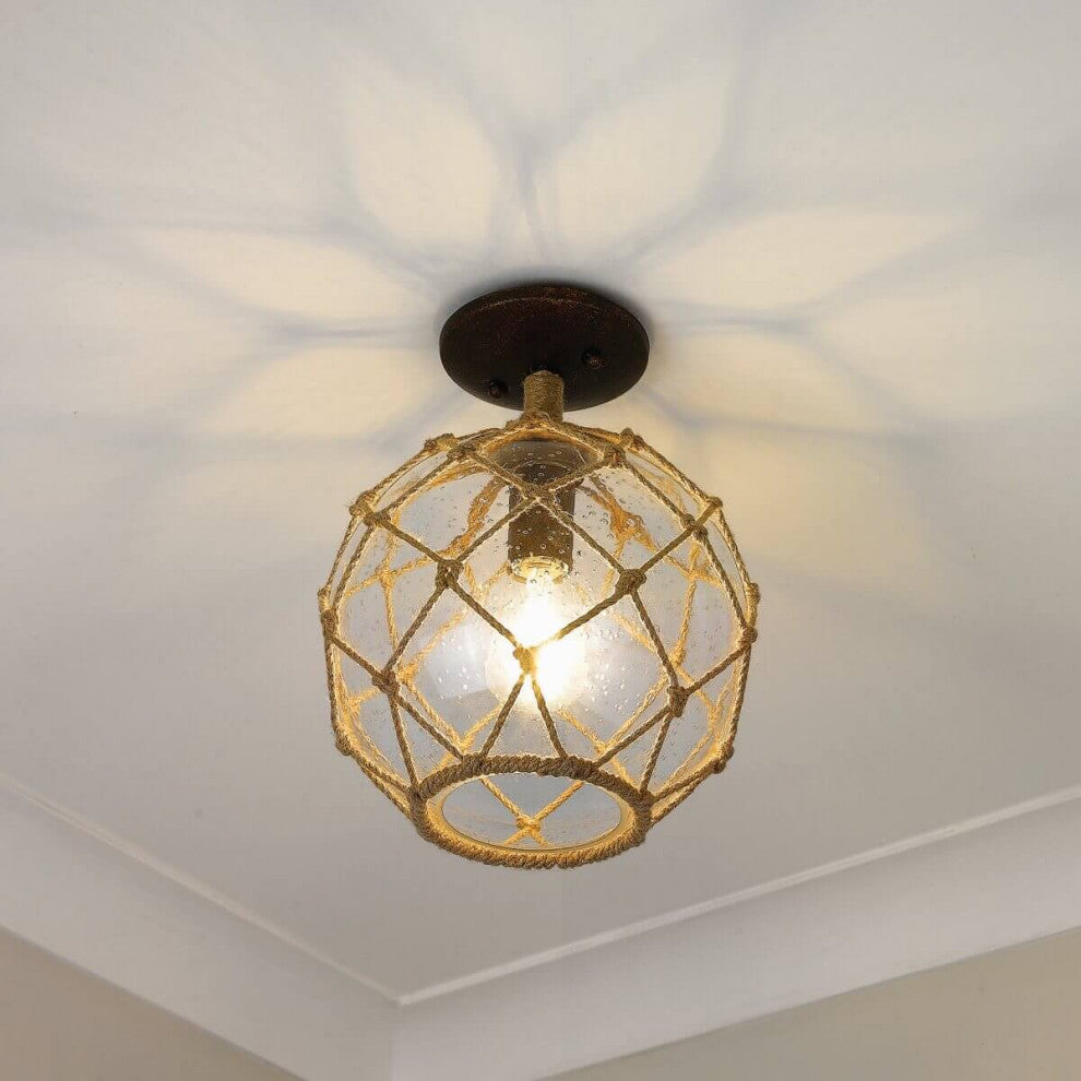 1 Light 10" Semi Flush Mount, Burnished Chestnut With Seeded Glass