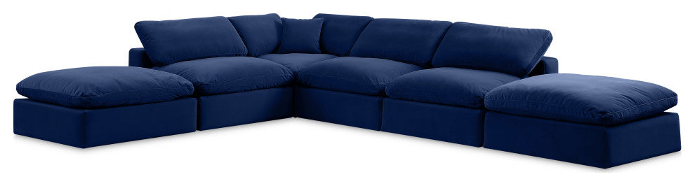 Comfy Upholstered L-Shaped Modular Sectional, Navy, 6-Piece: 3 Armless Chair, 1 Corner Chair, 2 Ottoman, Velvet