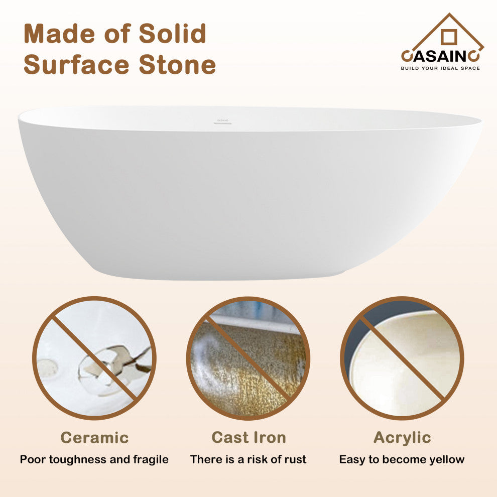 71in White Solid Surface Oval Freestanding Soaking Bathtub with Drain, 63in