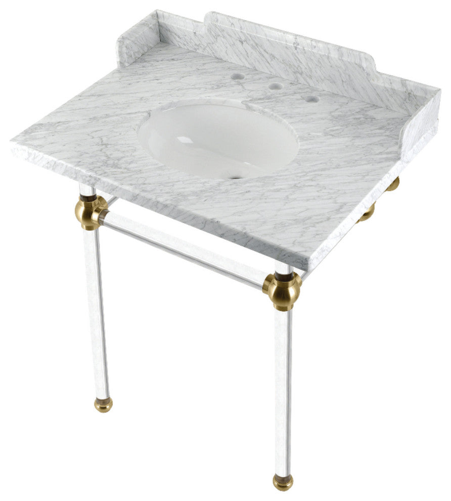 Kingston Brass LMS30MA7 30" Carrara Marble Console Sink, Acrylic Legs