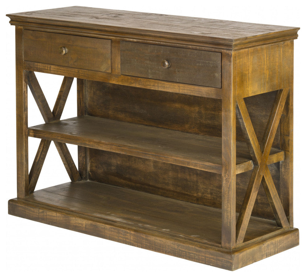 Rustic Maple Stain Wood Sofa Table With Drawers