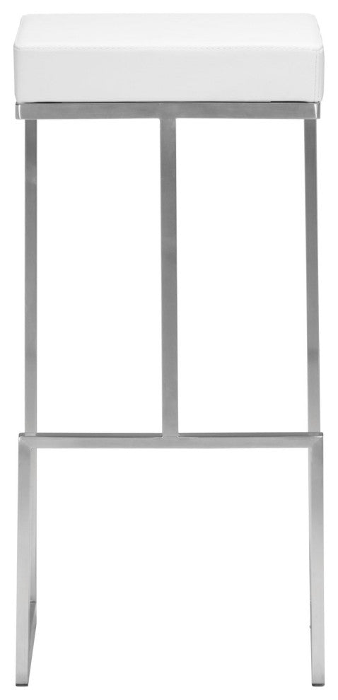 Bar Stool Chair Barstool, Set of 2, Faux Vinyl Leather, Steel, White, Silver