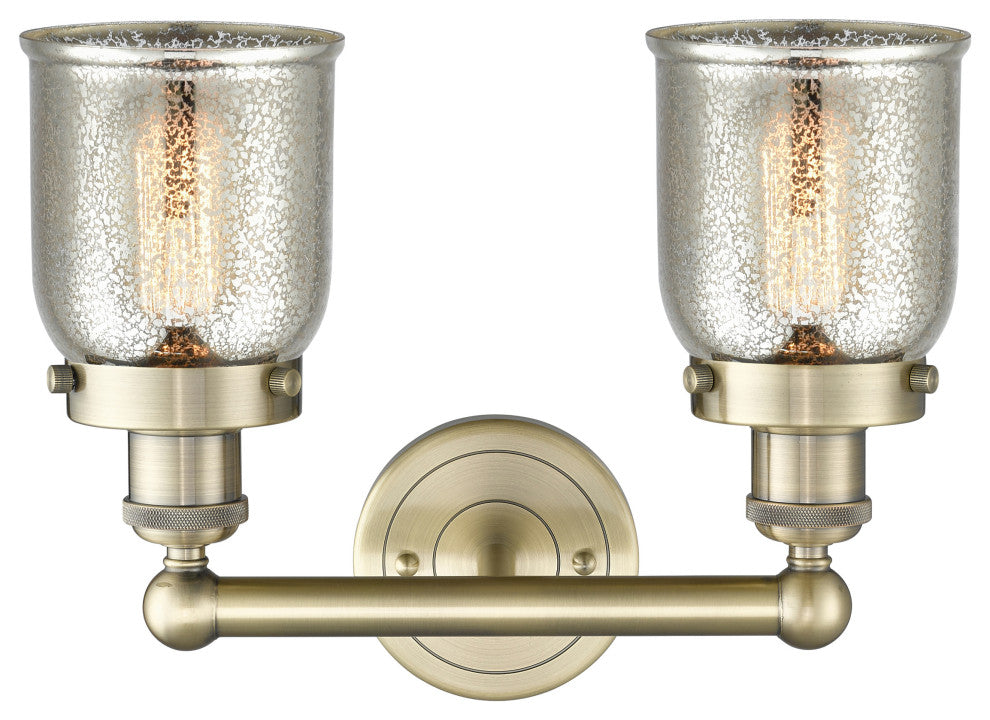 Edison Small Bell 2-Light 16" Vanity Light, Antique Brass Finish, Mercury Shade