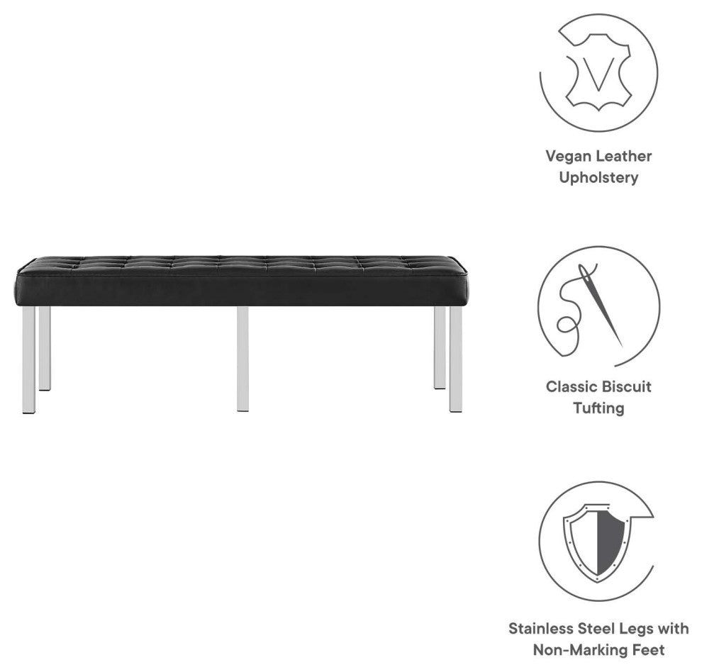Loft Tufted Large Upholstered Faux Leather Bench Silver Black