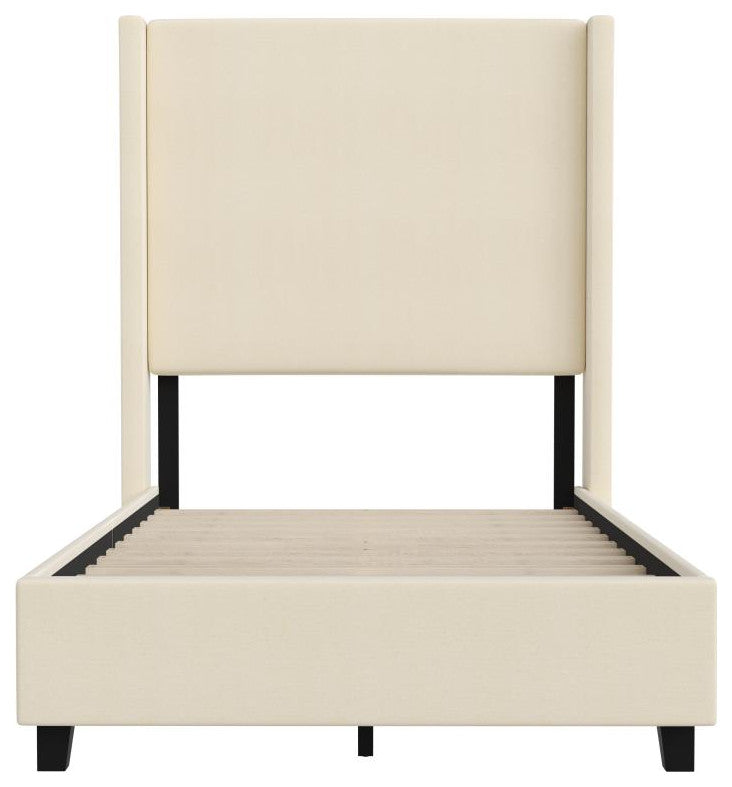 Quinn Upholstered Platform Bed with Channel Stitched Wingback Headboard, Beige, Twin