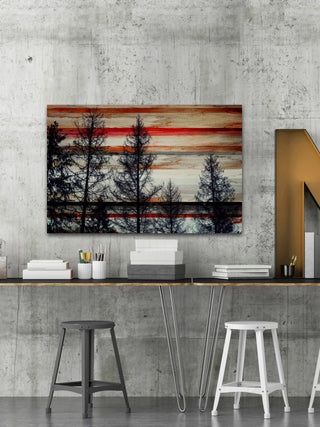 "Trees Against Red Striped Sky" Fine Art Canvas Print, 18"x12"