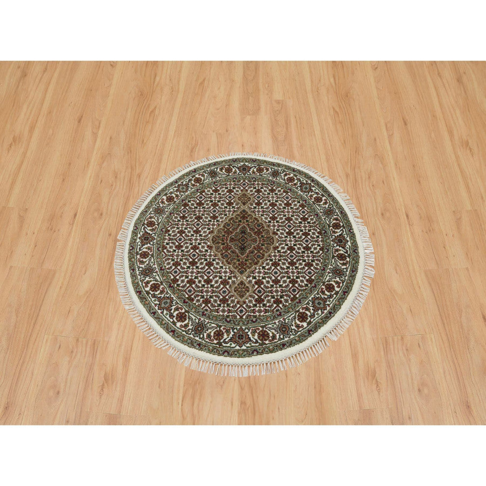 Porcelain White 175 KPSI Organic Wool Hand Knotted Tabriz Round Rug, 3'4"x3'4"