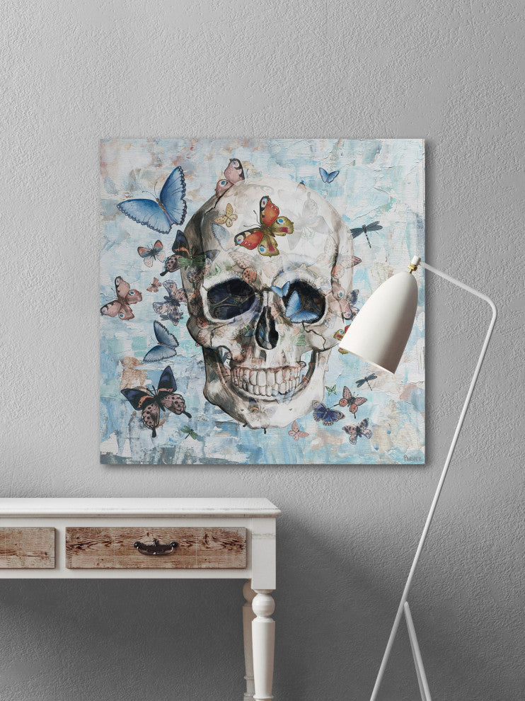 "Clouded Happy Butterfly Skull" Painting Print on Wrapped Canvas, 12"x12"