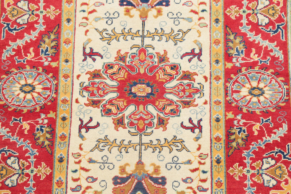 Traditional Super Kazak Bordered Area Rug Oriental Hand-Knotted, Beige, 4 X 6