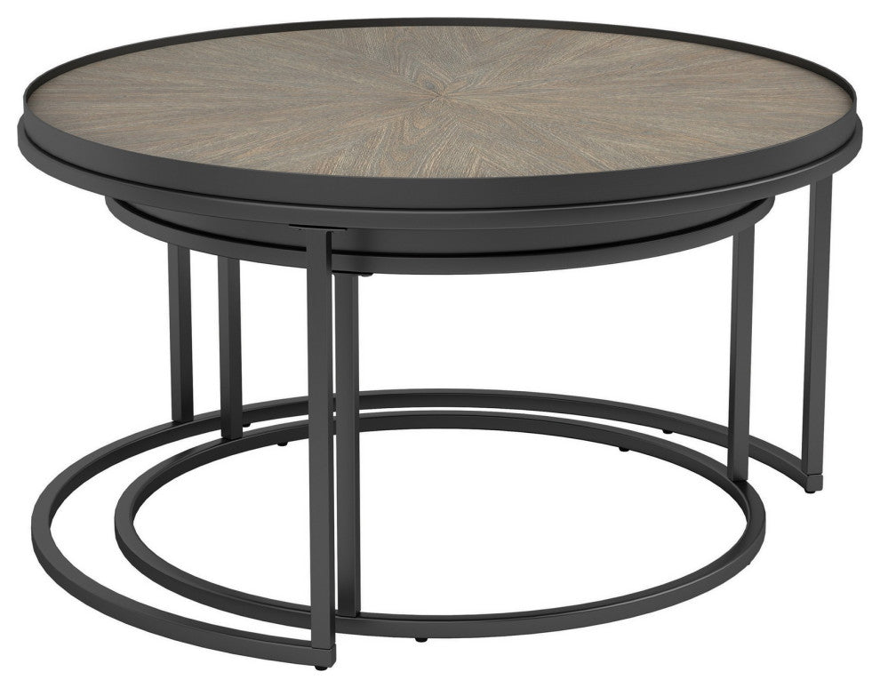 Benzara BM242065 2 Piece Nesting Table With Elm Wood Top, Gray