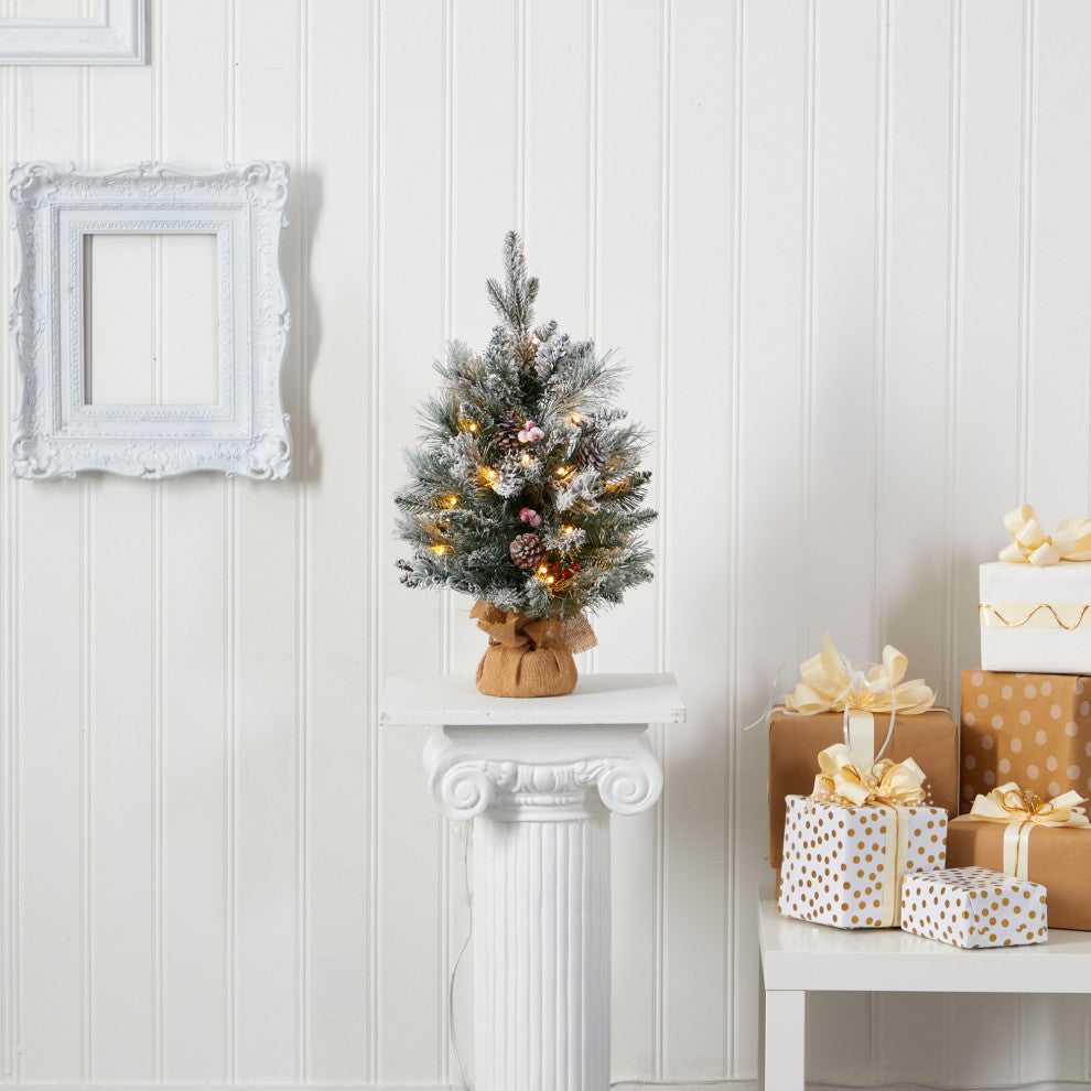2' Flocked Faux Xmas Tree W/30 Lights, 73 Bendable Branches, Pinecones & Berries