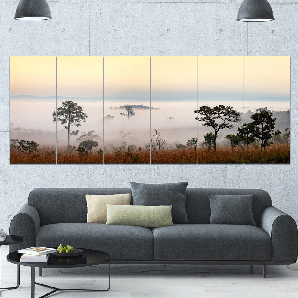 Misty Morning Panorama, Landscape Canvas Art Print, 70"x28", 6 Panels