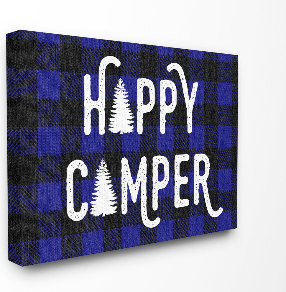 "Happy Camper Blue Black Buffalo Plaid" 16x20, Stretched Canvas Wall Art