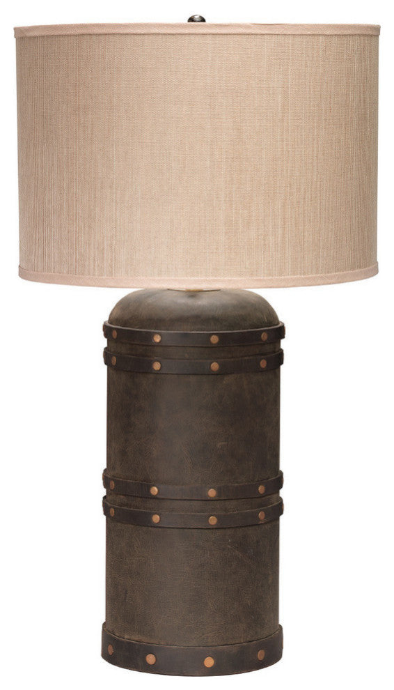 Barrel Table Lamp, Vintage Leather With Classic Drum Shade, Elephant Hemp