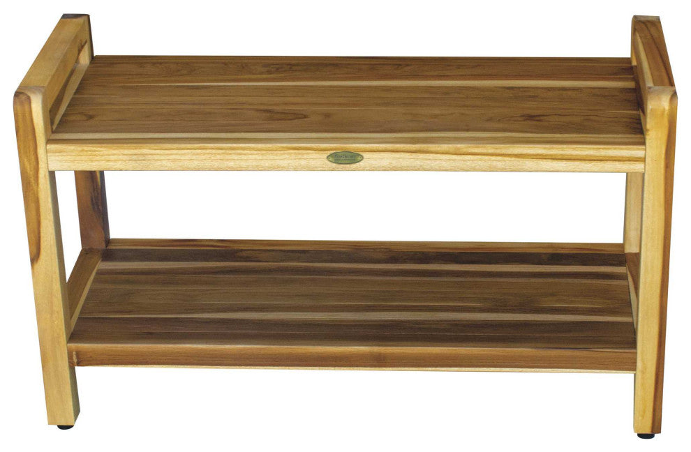 HomeRoots Rectangular Teak Shower Bench With Handles, Natural Finish