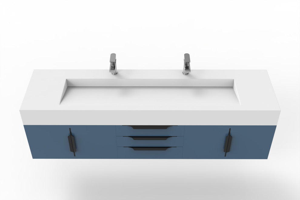CastelloUSA Nile 72" Wall Mounted Bathroom Vanity Set, Blue, White Top, Black Handles