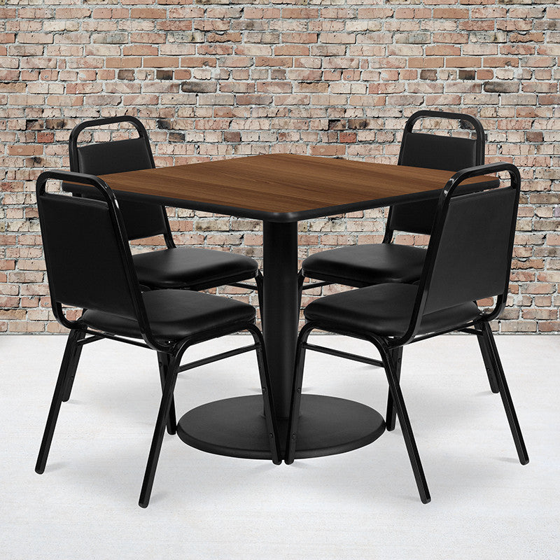 36" Square Natural Laminate Table Set With 4 Black Trapezoidal Back Chairs