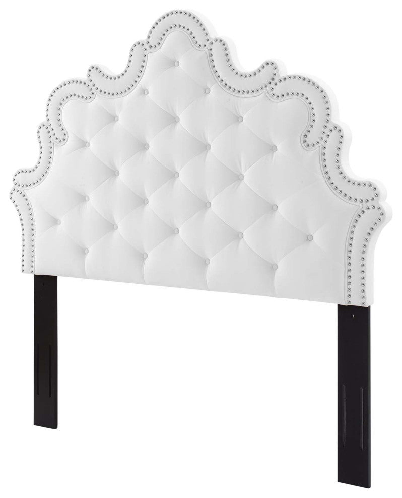 Tufted Headboard, Nailhead, Twin Size, White, Velvet, Modern, Mid Century Guest
