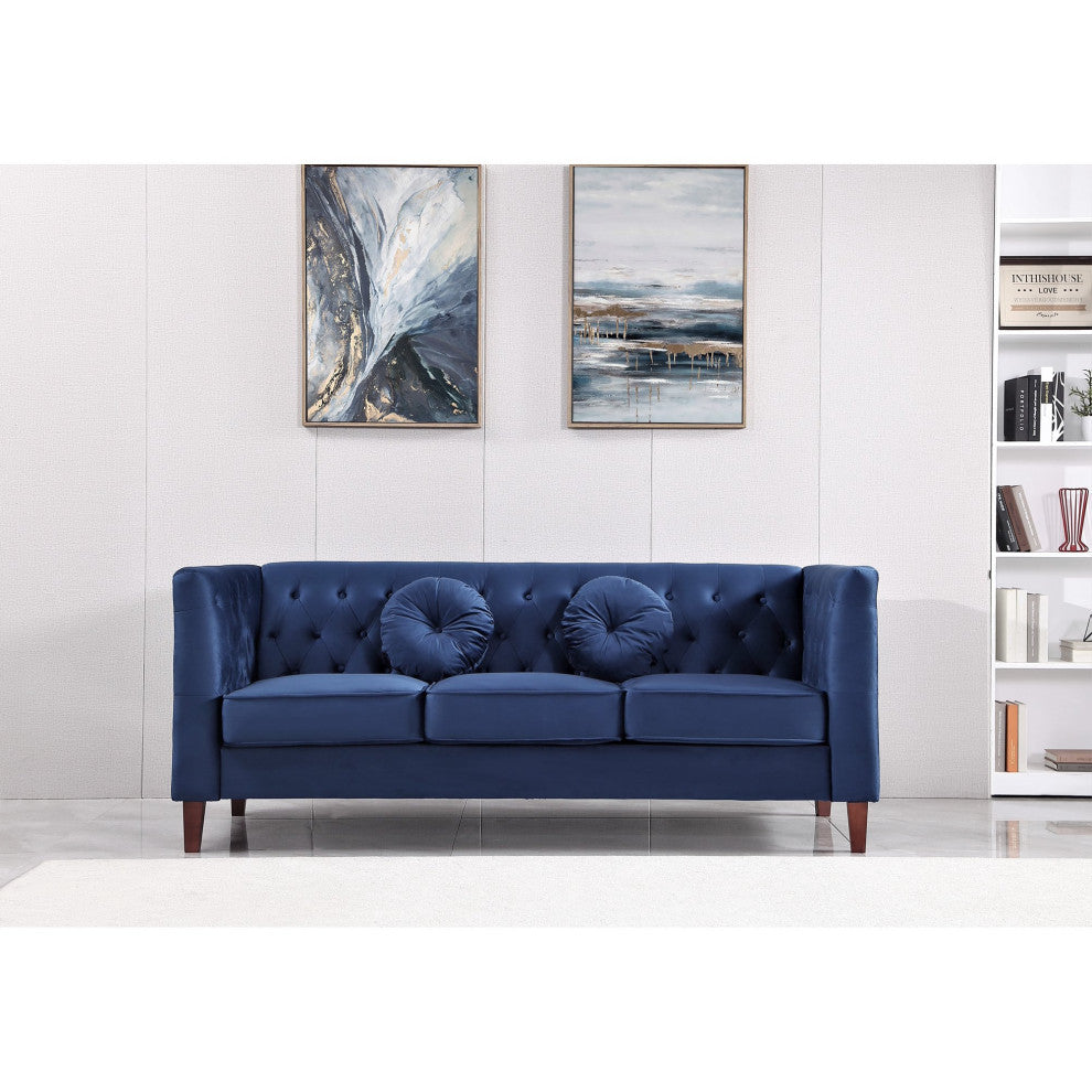 Elegant Sofa, Chesterfield Inspired, Velvet Seat & Button Tufted Back, Dark Blue